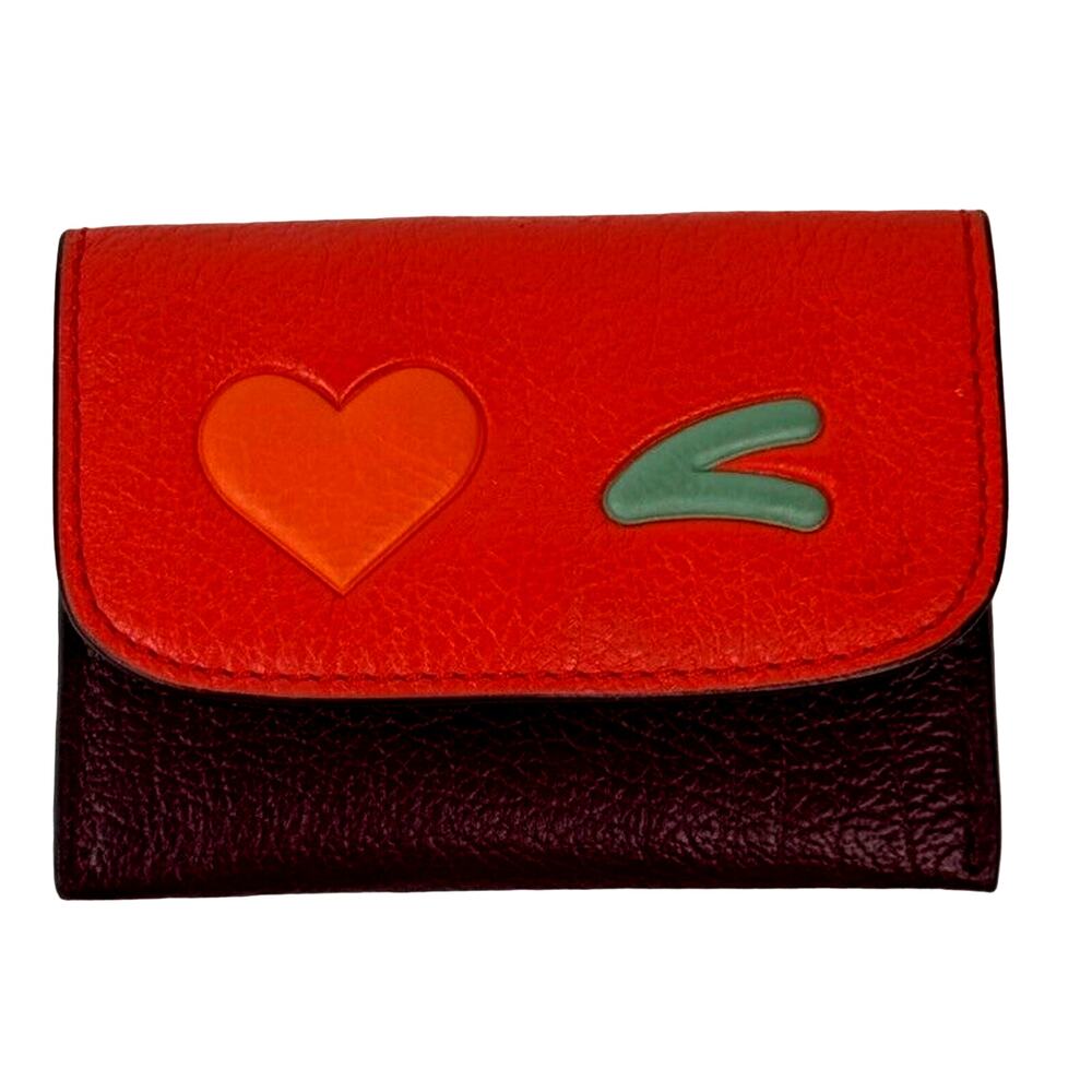 COACH Orange, Maroon and Grey Mini Wink Leather Card Holder w/wink heart emoji